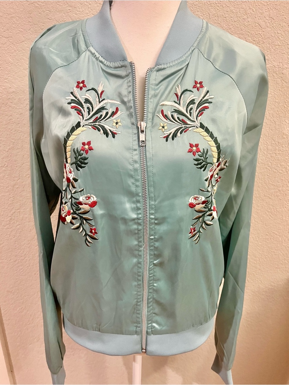 Romeo & Juliet Couture Embroidered Satin Bomber Jacket - Mint / Aqua